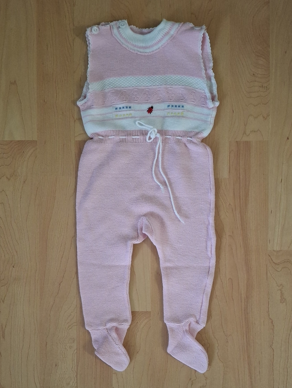 Vintage Pink Knit Baby Romper with White Trim & Embroidered Ladybug